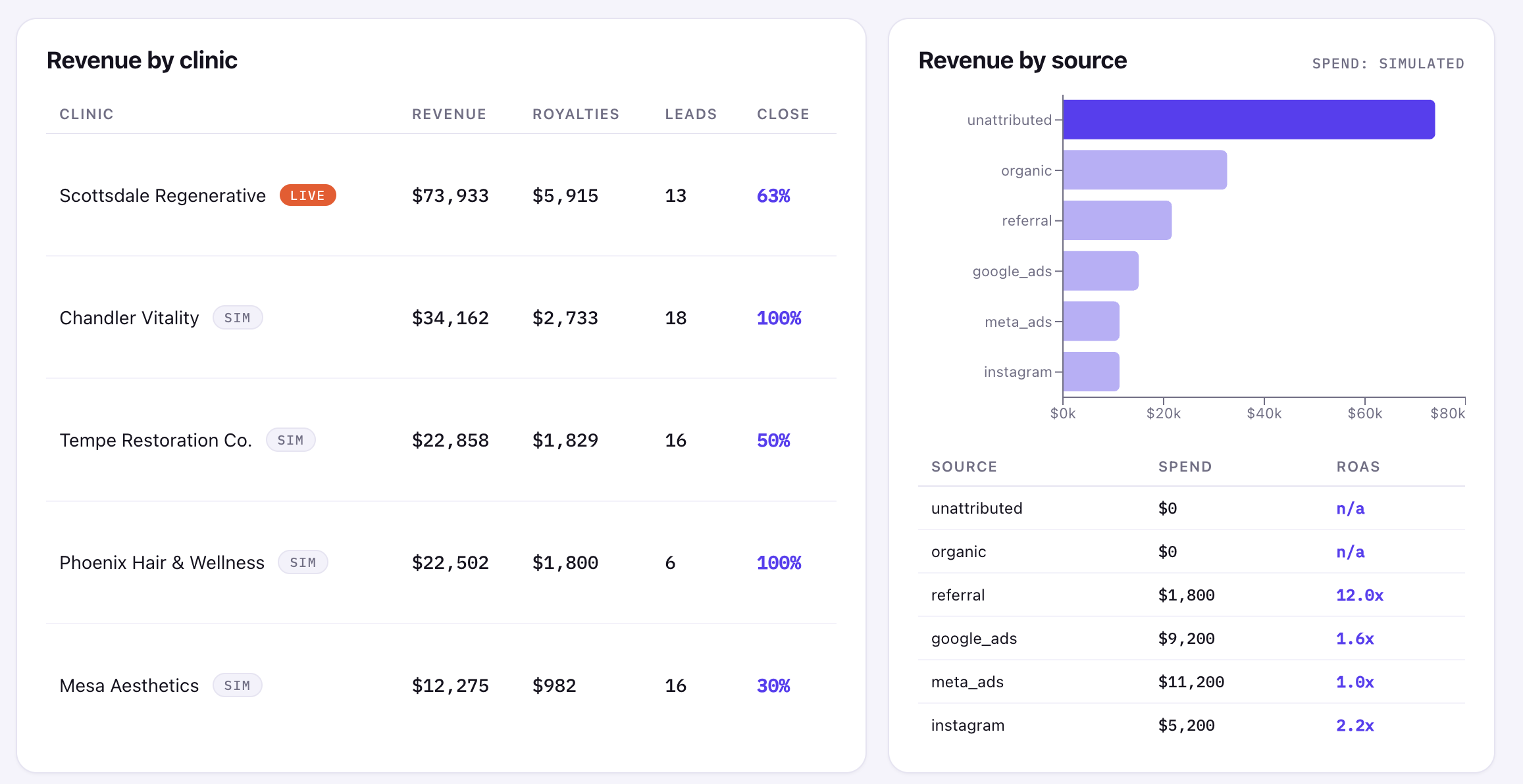Revenue by clinic and revenue by source cards with simulated spend and ROAS