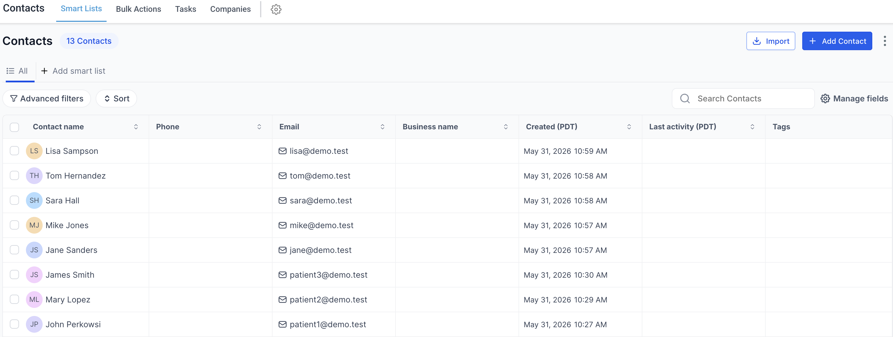 GoHighLevel contacts list with demo email addresses