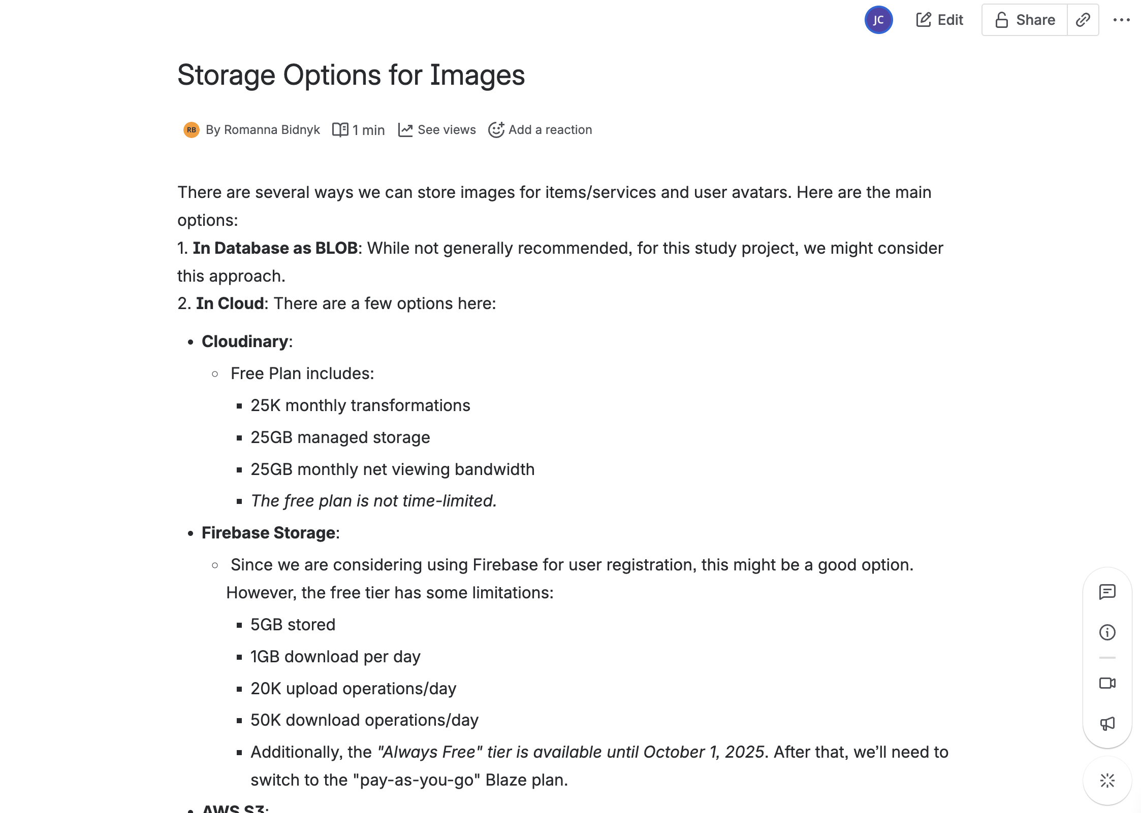 Confluence spike document showing storage options