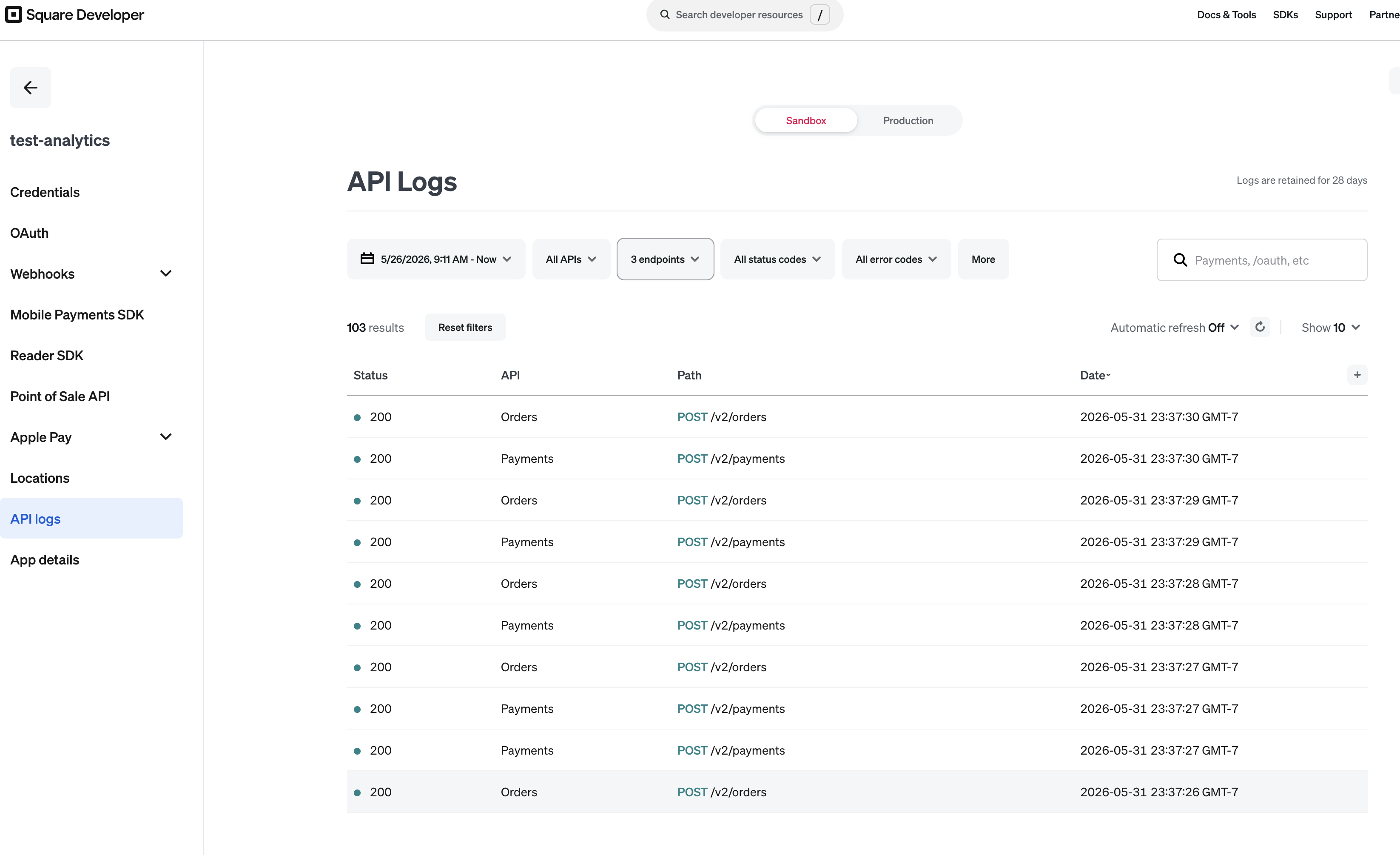 Square Developer API logs showing successful sandbox order and payment calls